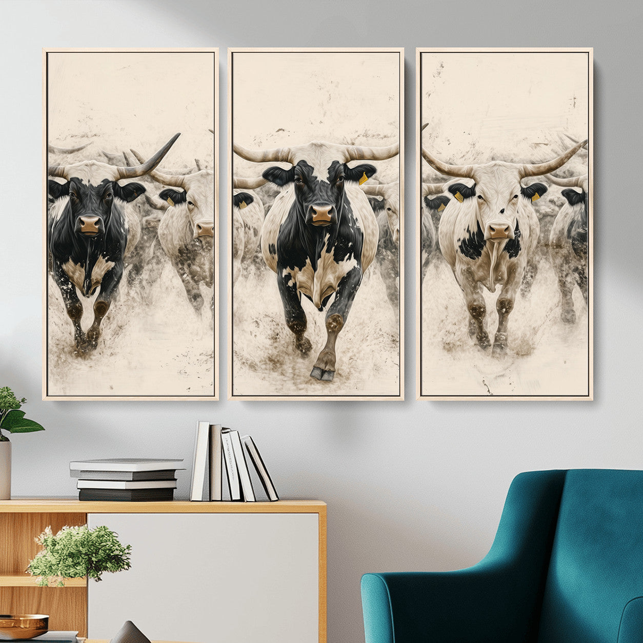MGV-FC-48X32-3P - Cream Dust Longhorn Wall Art – Canvas Print of Western Herd Stampede, Dynamic Charge, Rustic Prairie Motion, Bold Nature Farm Decor