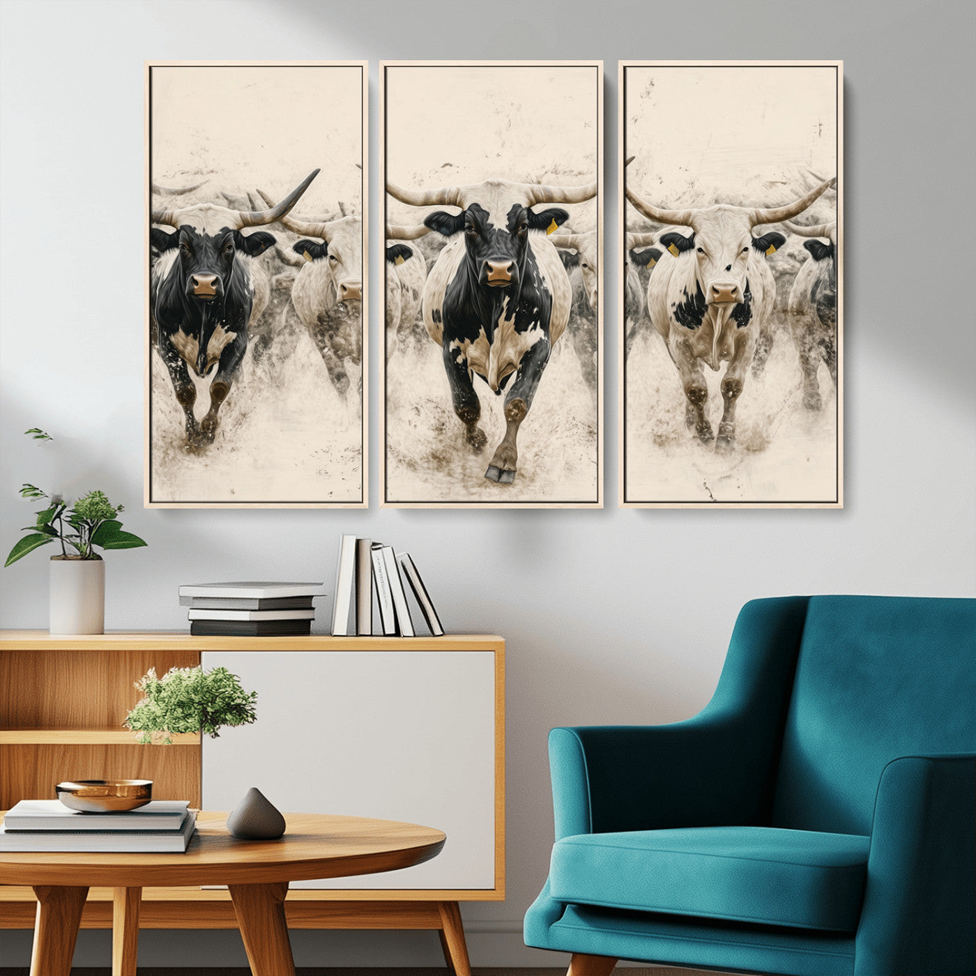 Canvas artwork of Texas Longhorn bulls walking in a dusty herd, ideal for rustic Western or country-style interior decor.