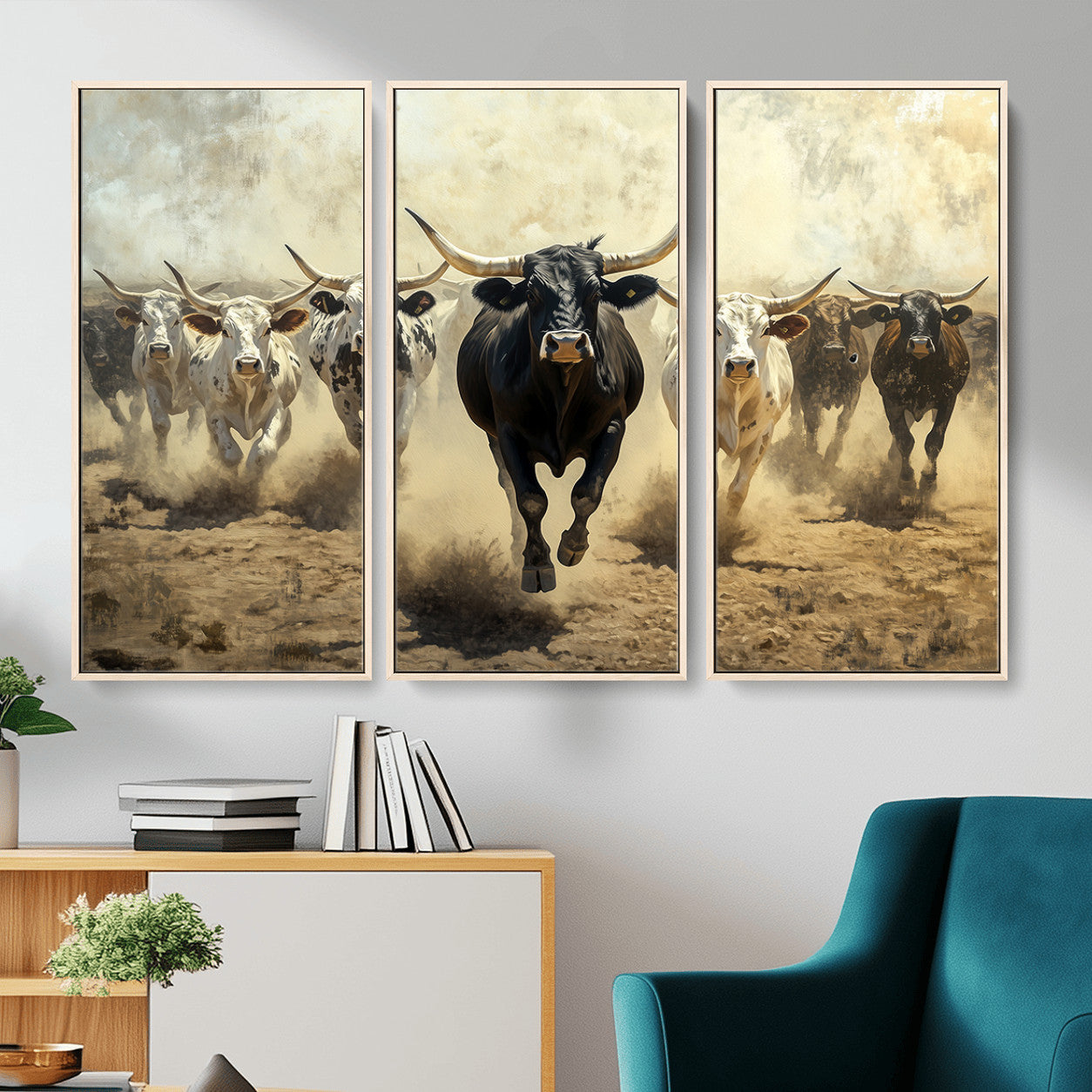 MGV-FC-48X32-3P - Running Cattle Wall Art – Canvas Print of Western Herd, Dust Stampede, Longhorns, Wild West Ranch, Bold Rustic Farm Decor for Home or Office