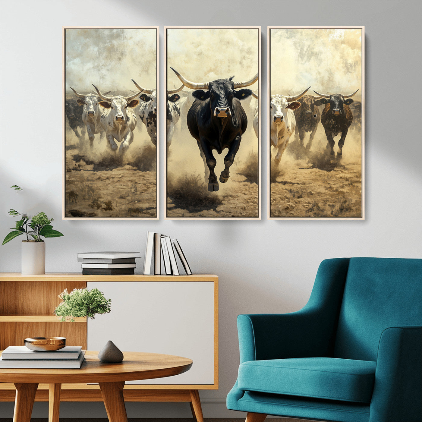Dynamic canvas showing a Texas Longhorn stampede with earthy tones and bold movement, perfect for rustic or Western-style interiors.