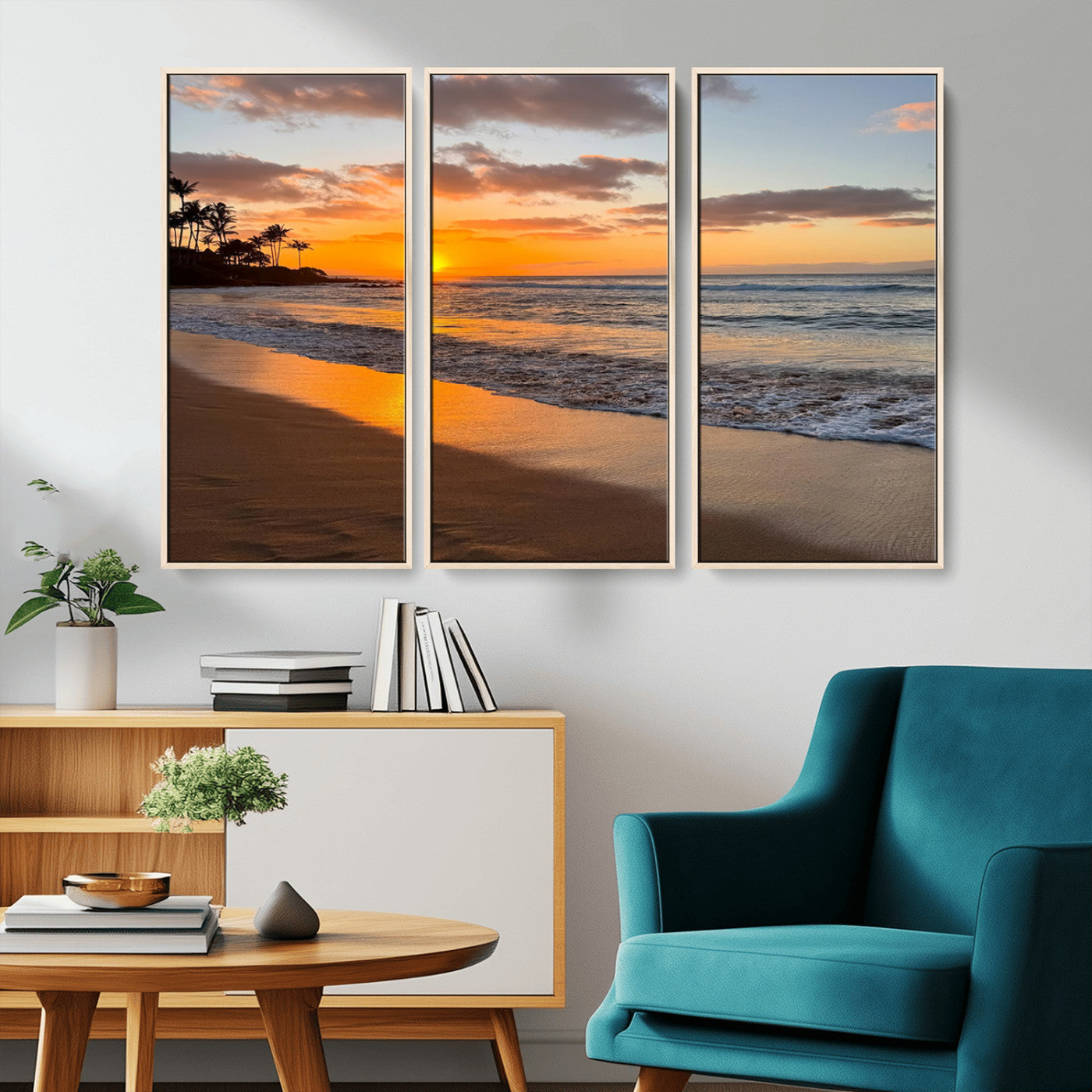 Canvas of a tropical beach at sunset with golden reflections and palm trees, perfect for vibrant coastal or island-style decor.