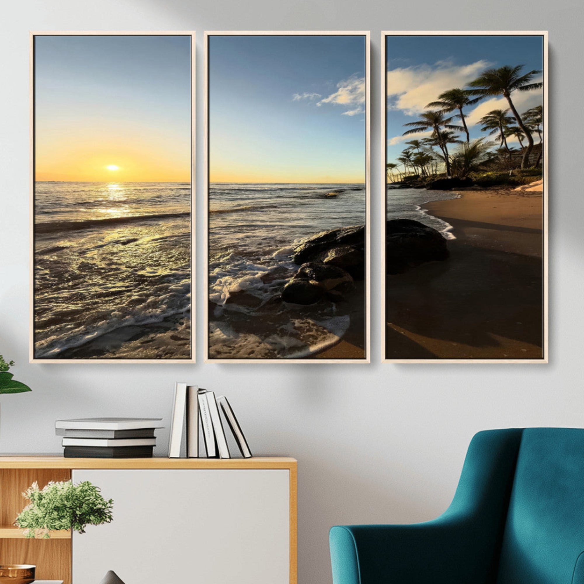 Canvas of a golden sunset on a tropical beach with palm trees and calm waves, perfect for coastal or island-themed home decor.