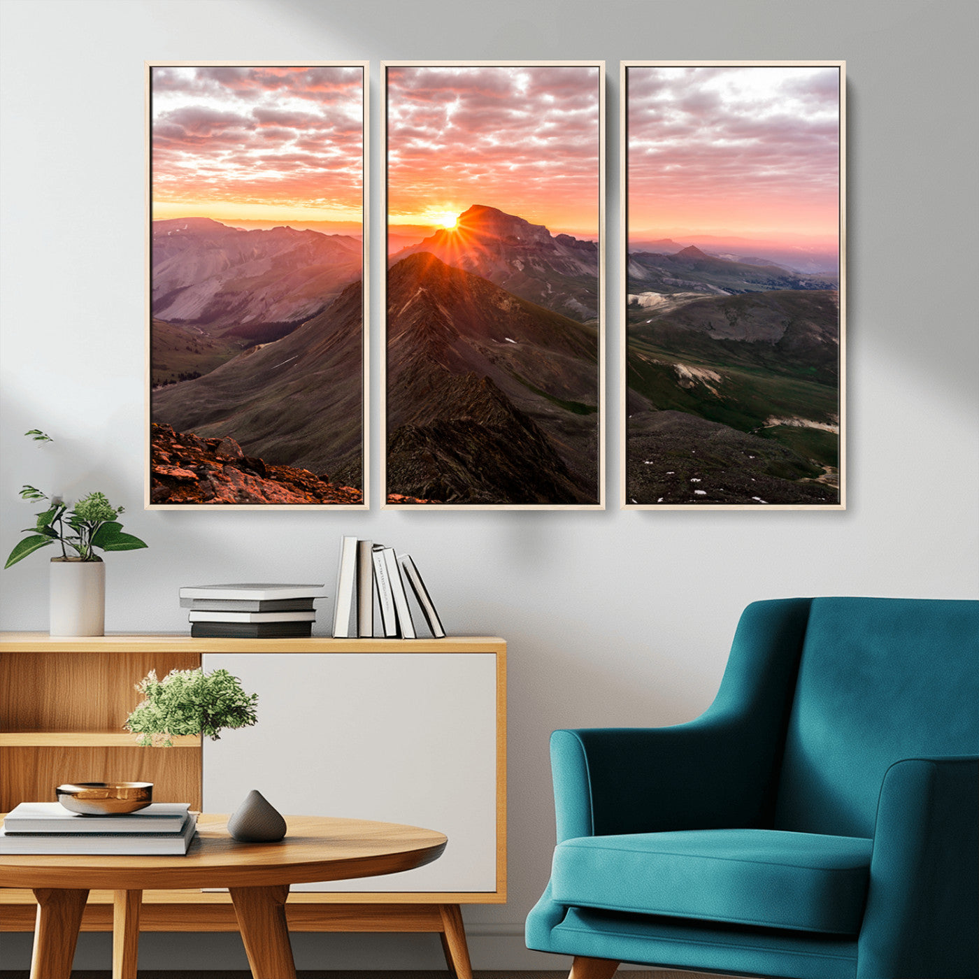 Canvas showing a mountain ridge at sunrise with golden light and dramatic clouds, perfect for nature or rustic-inspired wall decor.