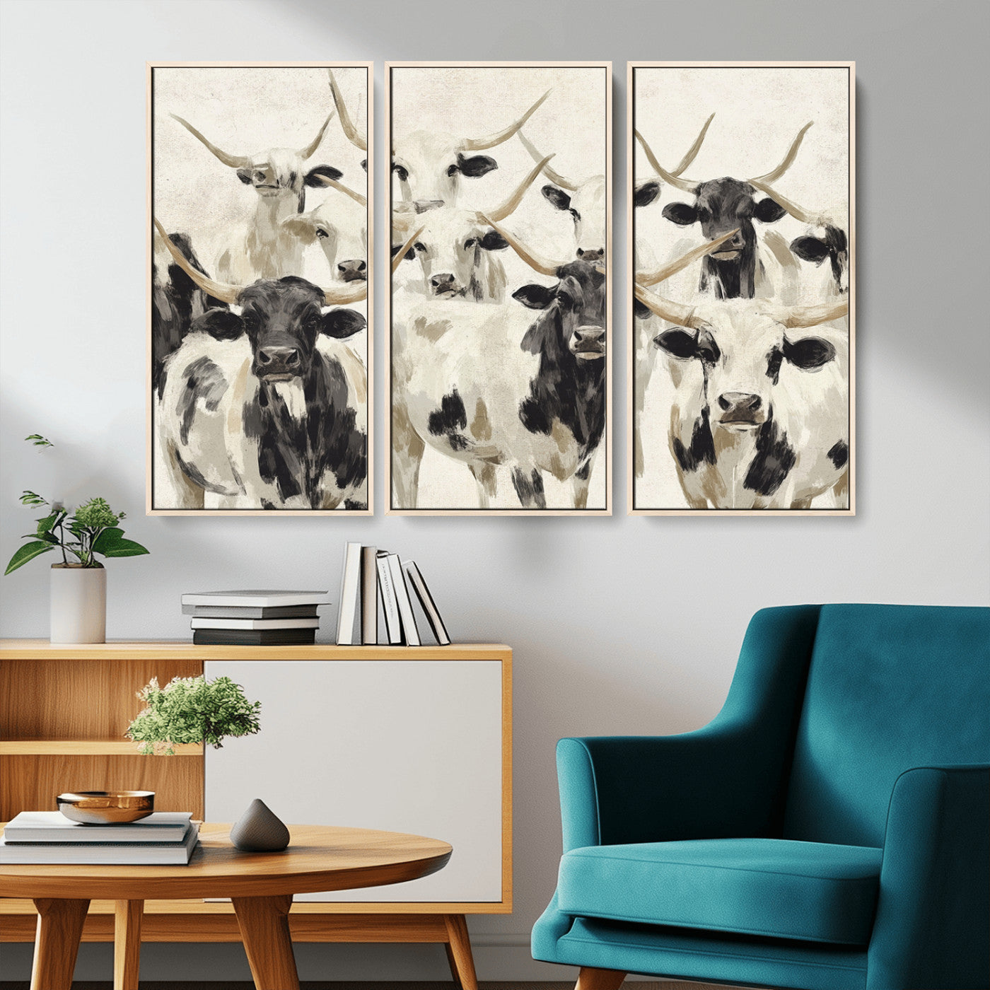 MGV-FC-48X32-3P - Longhorn Texas Cow Drawing Abstract Wall Art Canvas Print for Farmhouse Decor, Texas Bull Printing