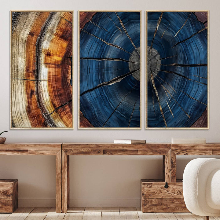 The Abstract Tree Rings Canvas Print features blue, brown, and orange rings that highlight wood grain and natures beauty.