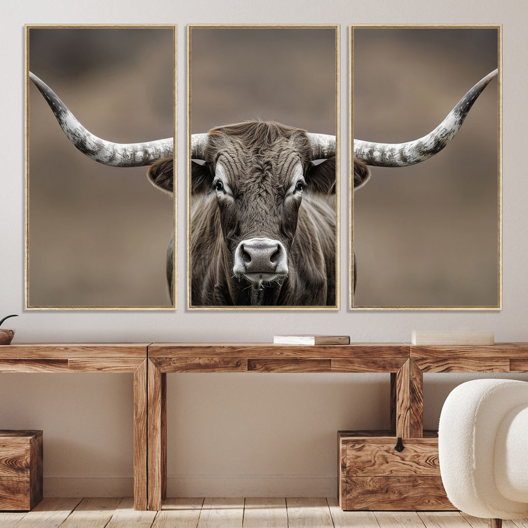 The Framed Texas Longhorn Bull Art Canvas Print adds timeless elegance to the serene setting.