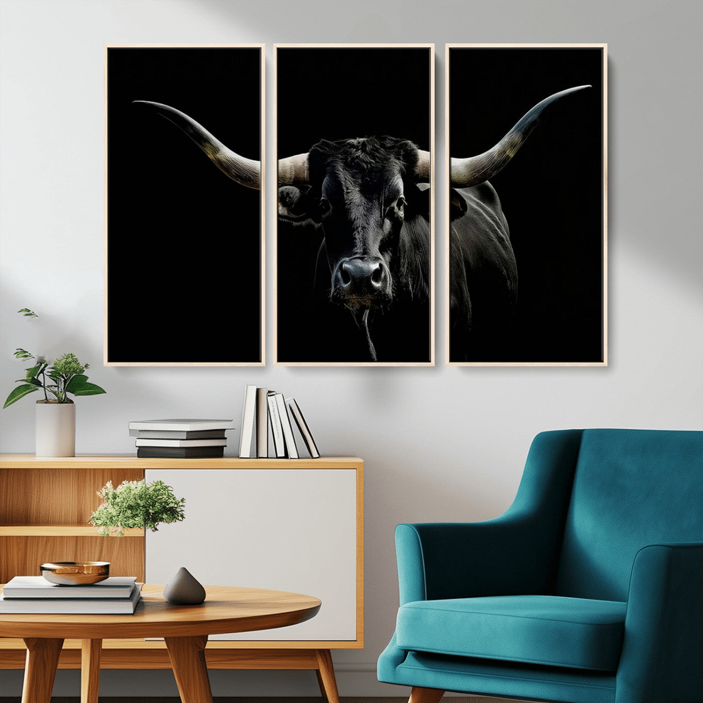 MGV-FC-48X32-3P - Texas Black Bull Wall Art Print, Longhorn Bull Canvas Wall Art