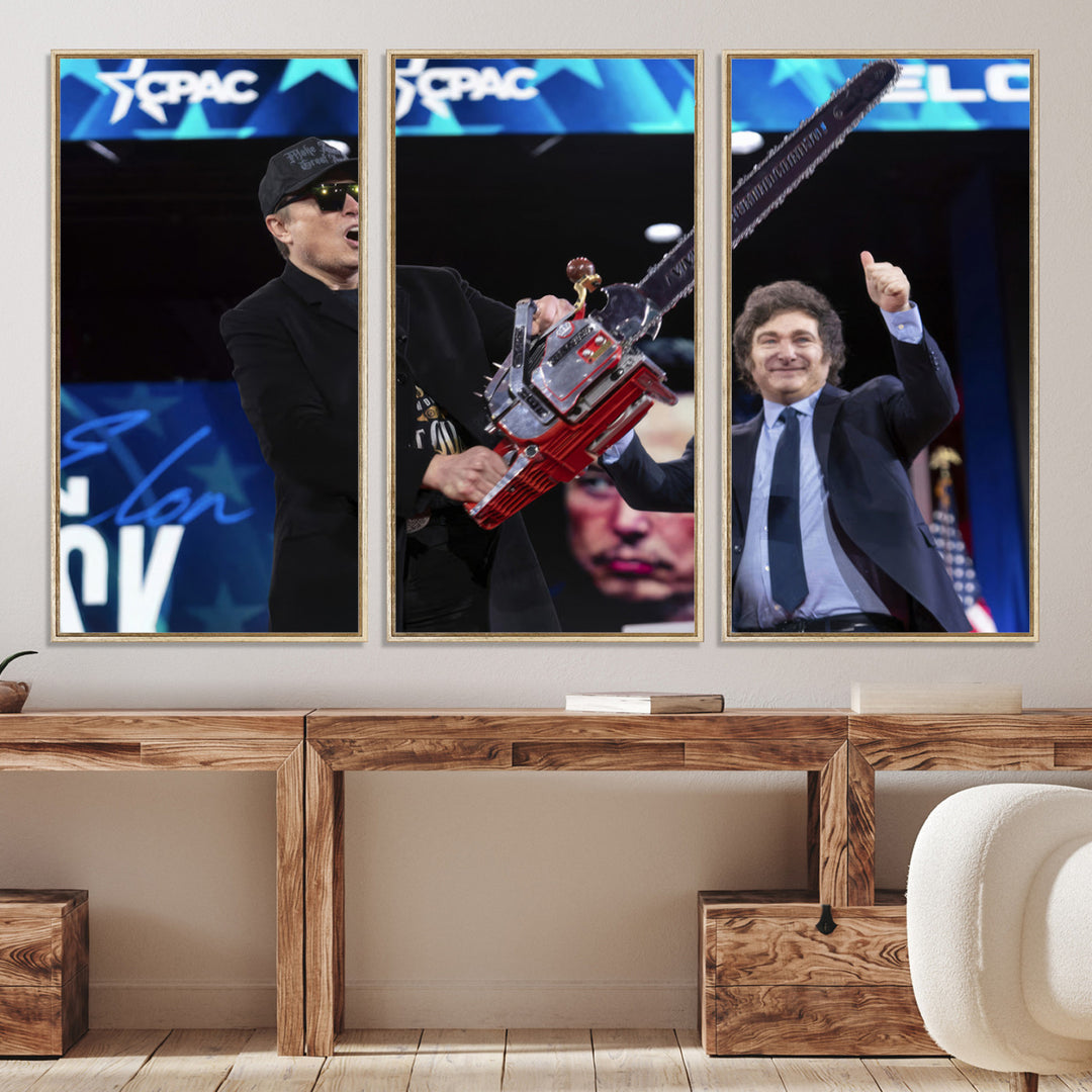 The wall art in the living room is an Elon Musk Chainsaw Art Print, depicting two men with chainsaws on stage in front of a vibrant crowd.