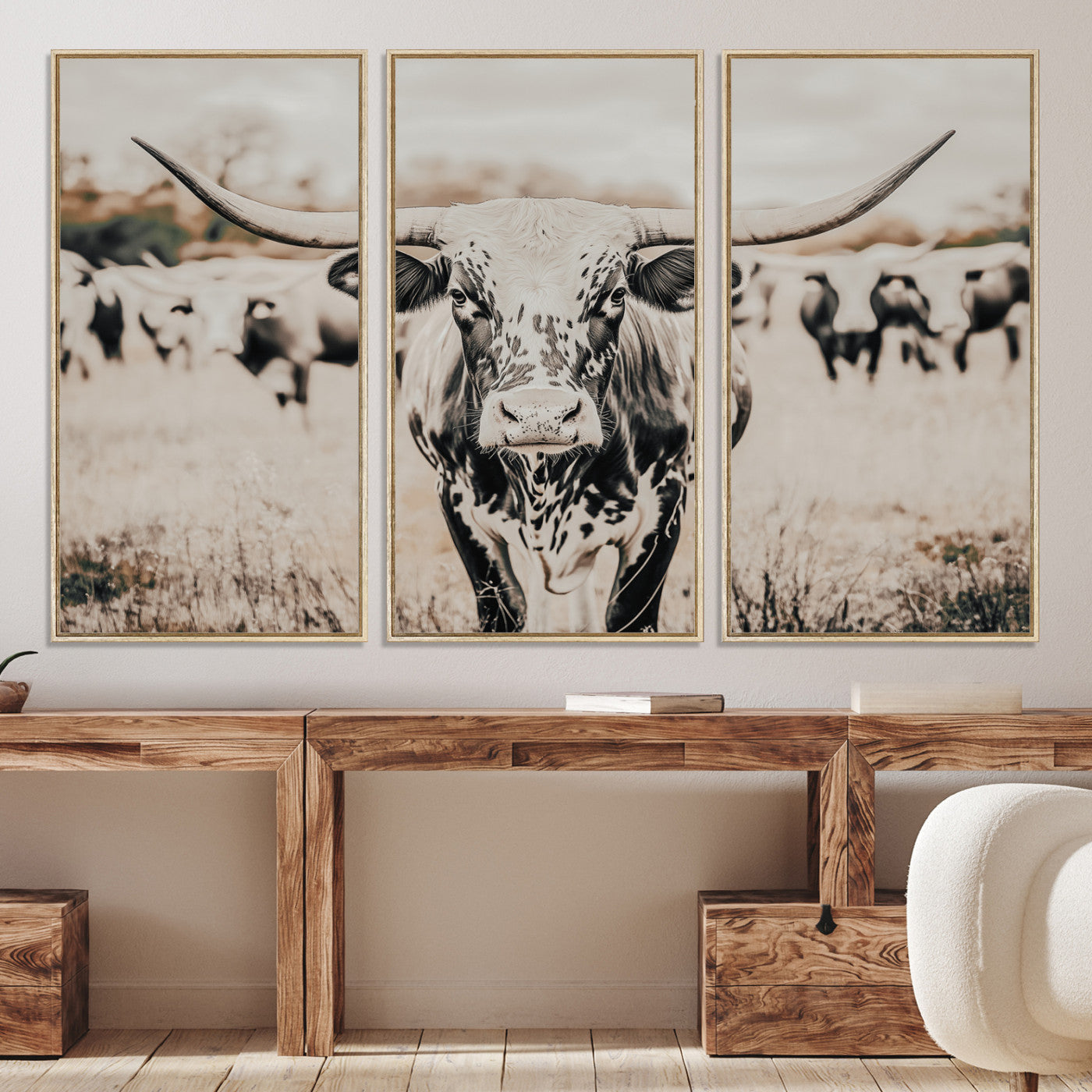 27497342-MGV-CV-36X24-Texas Longhorn Wall Art Canvas Print, Framed Speckled Cow Art Picture Print, Horned Cattle Perfect Rustic Western Decor Artwork