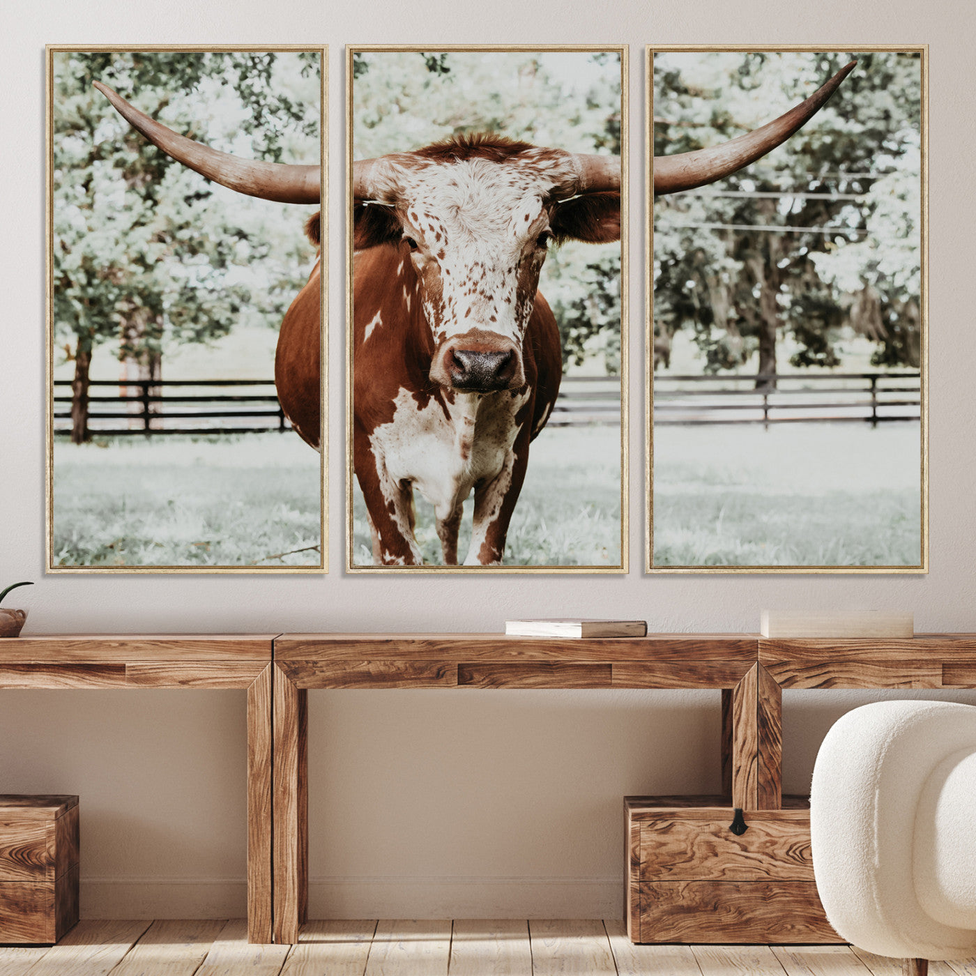 54757537-MGV-CV-36X24-Texas Longhorn Wall Art Canvas Print, Framed Spotted Cow Art Picture Print, Horned Cattle Perfect Rustic Western Decor Artwork