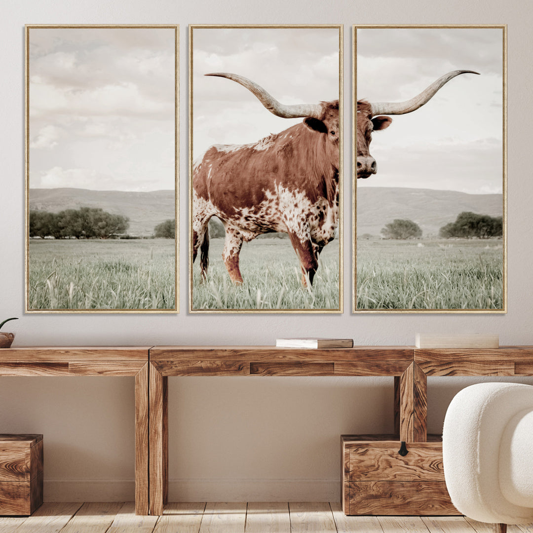 Texas Longhorn Wall Art Canvas Print, Framed Spotted Cattle Art Picture Print, Horned Bull Perfect Rustic Western Decor Artwork