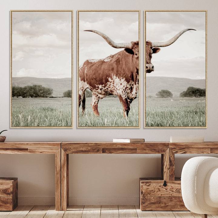 Texas Longhorn Wall Art Canvas Print, Framed Spotted Cattle Art Picture Print, Horned Bull Perfect Rustic Western Decor Artwork