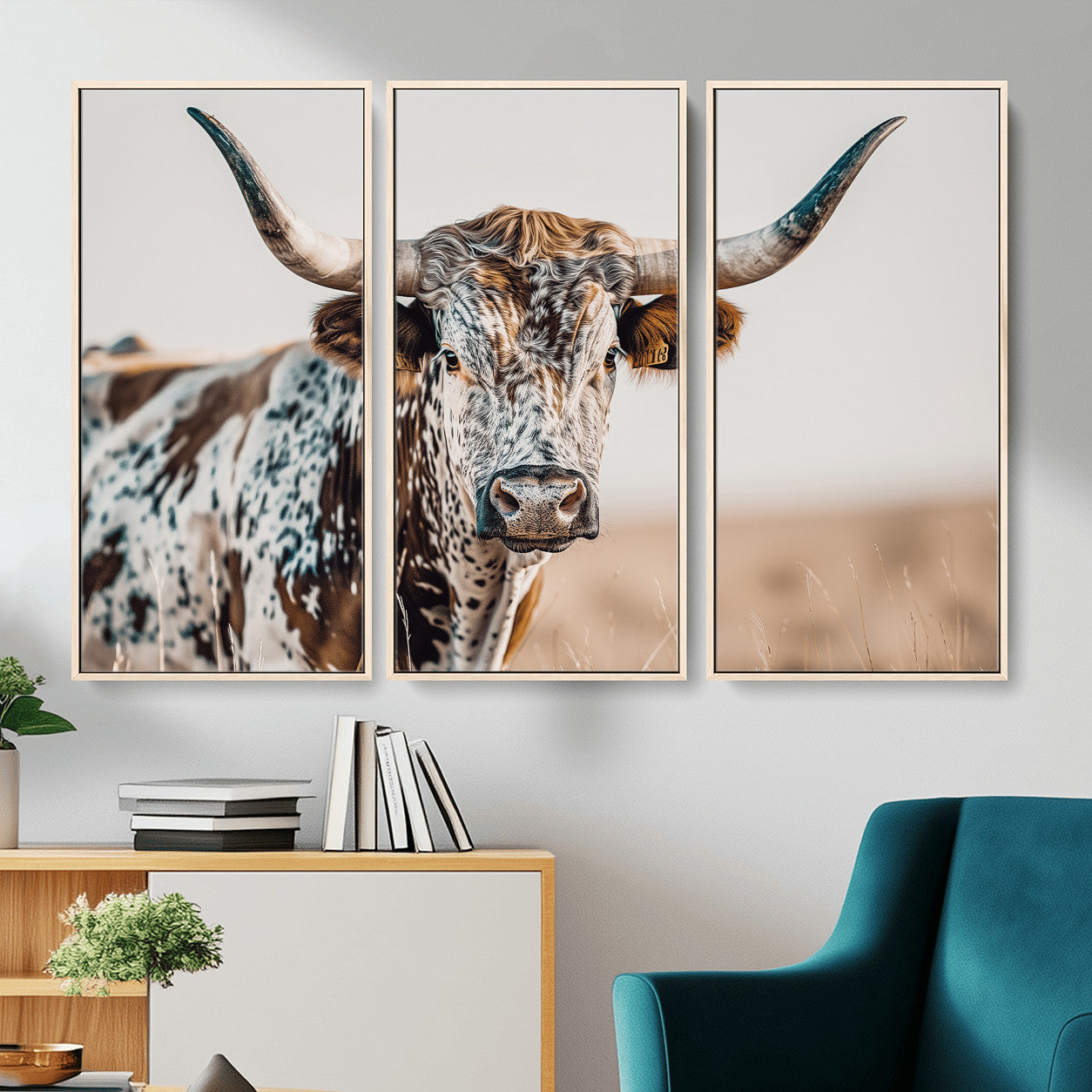 70414966-MGV-FC-48X32-3P - Majestic Longhorn Wall Art – Canvas Print of Strong Stance Intricate Fur & Sharp Horns Rustic Elegance & Timeless Wild Beauty Decor for Living Room, Office or Bedroom