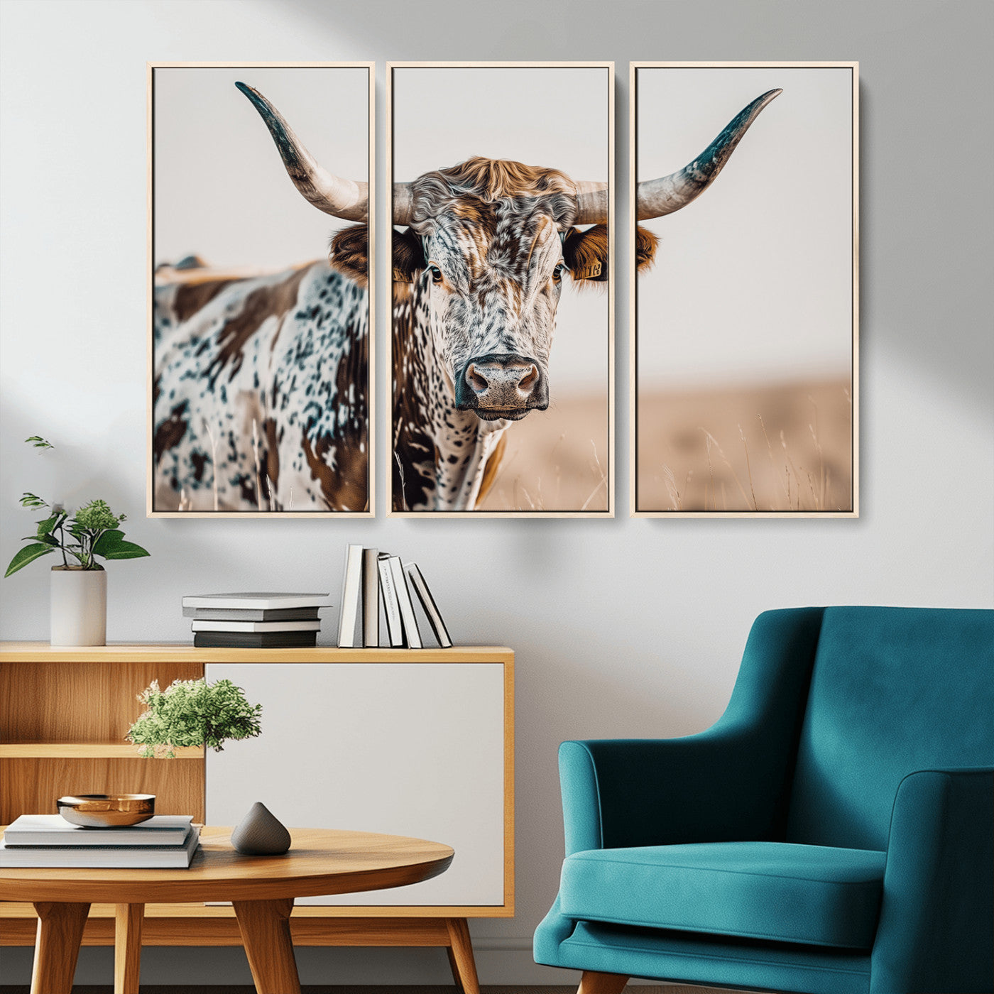 Canvas of a speckled Texas longhorn with wide curved horns and warm tones, perfect for rustic or country-style wall decor.