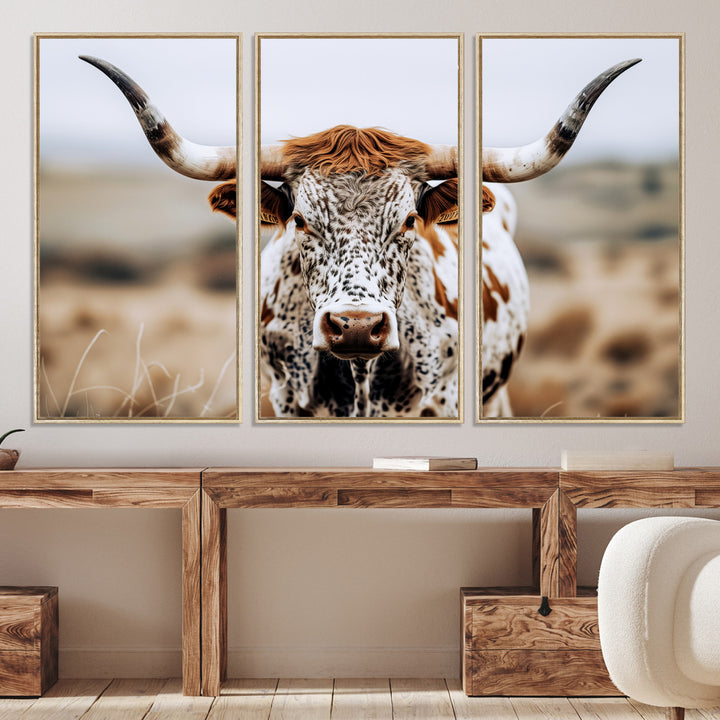 Texas Longhorn Wall Art Canvas Print, Framed Spotted Cow Art Picture Print, Horned Cattle Perfect Rustic Western Decor Artwork