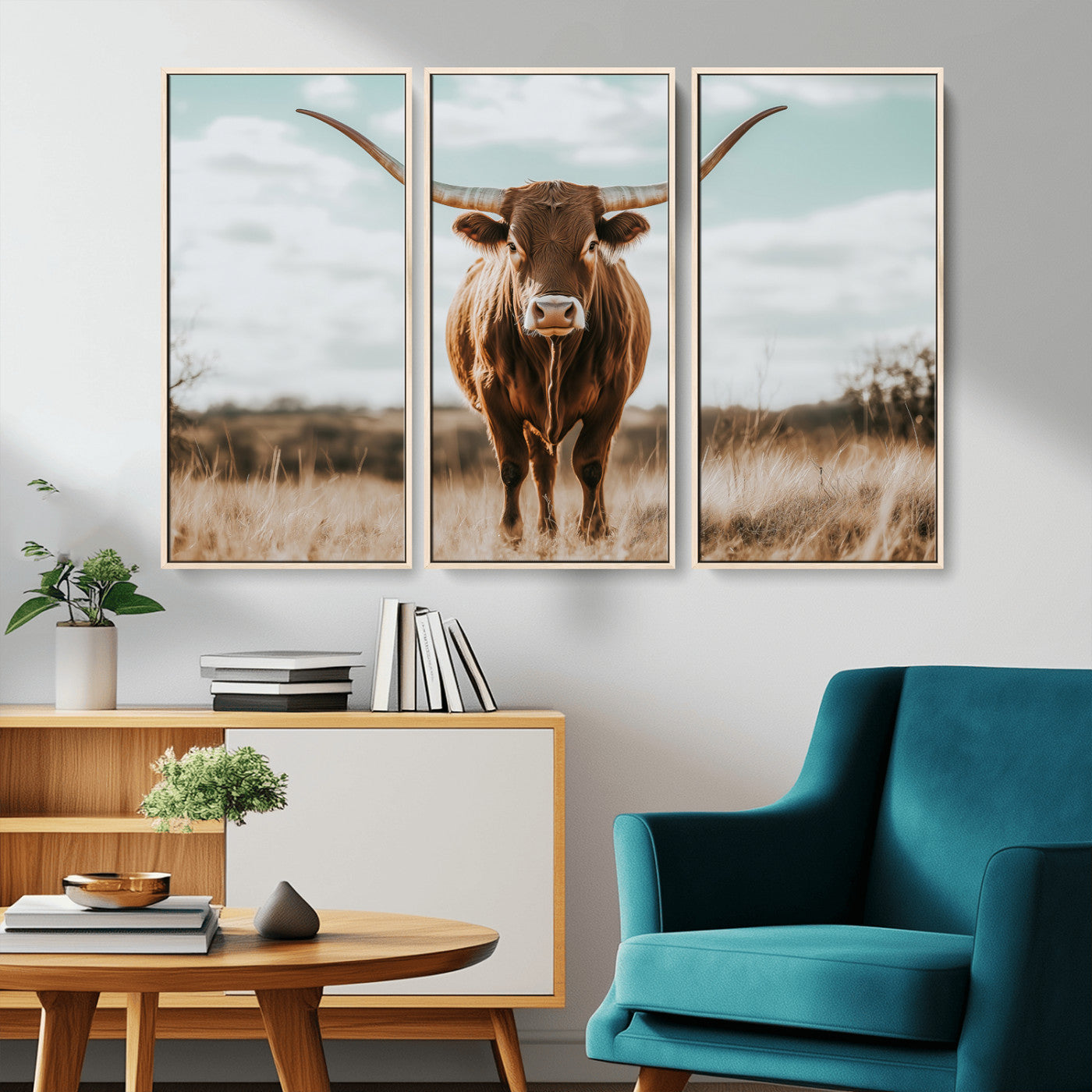 Texas Longhorn standing in a golden prairie under soft skies, ideal for rustic or western-style decor with warm natural tones.