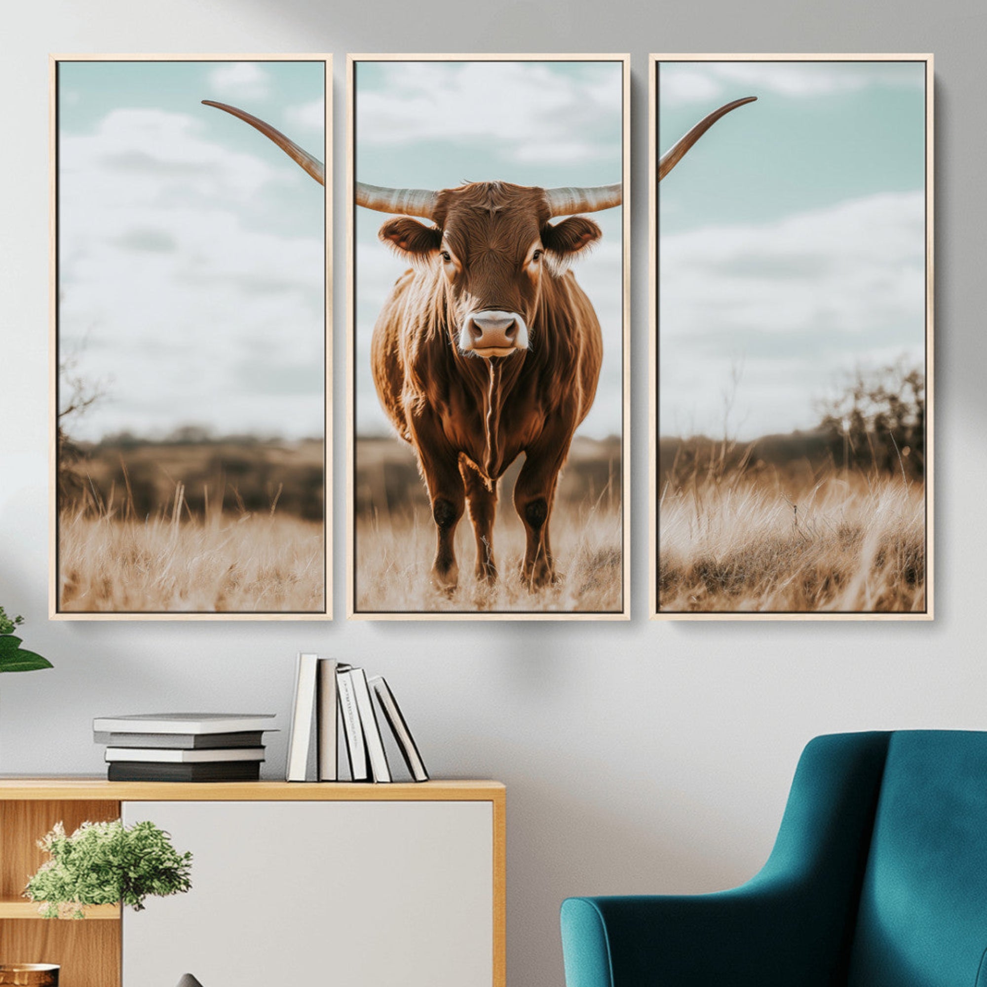 Texas Longhorn standing in a golden prairie under soft skies, ideal for rustic or western-style decor with warm natural tones.