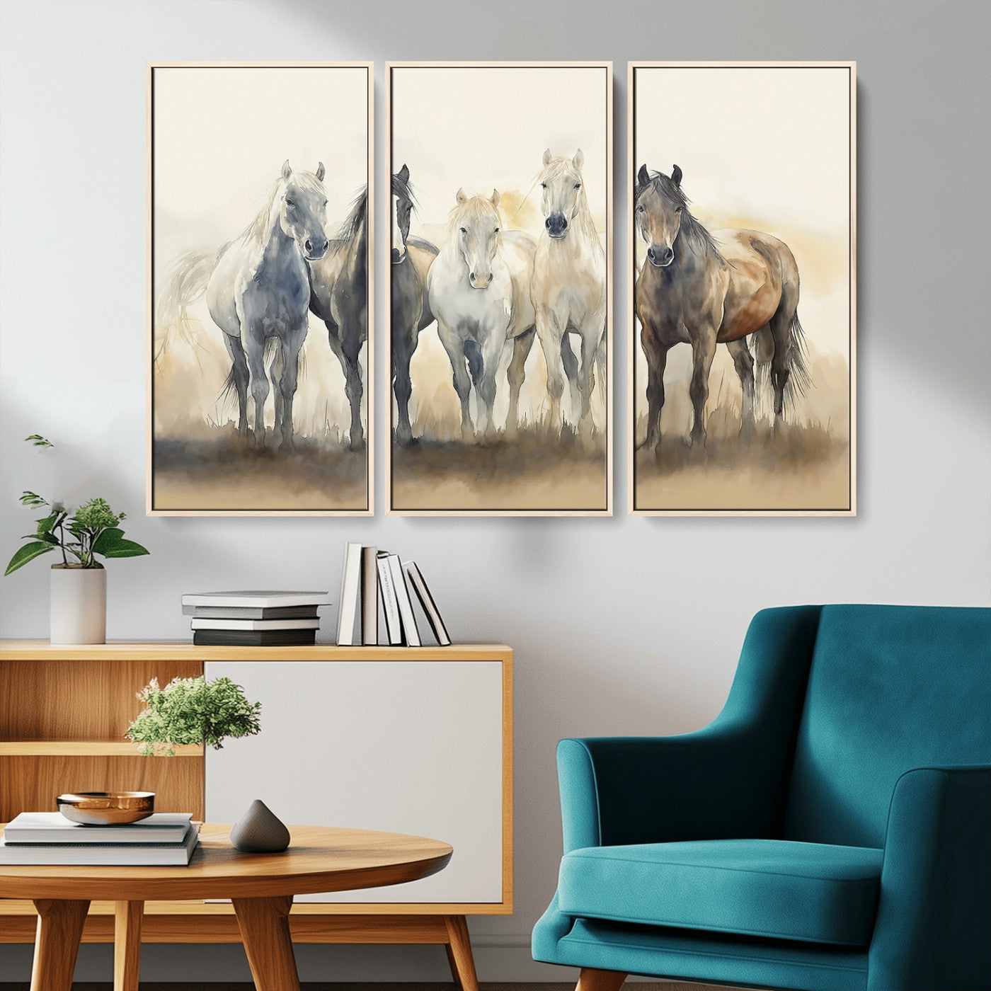 Watercolor illustration of five wild horses in soft neutral tones, perfect for rustic or western-style home decor with a calming natural vibe.