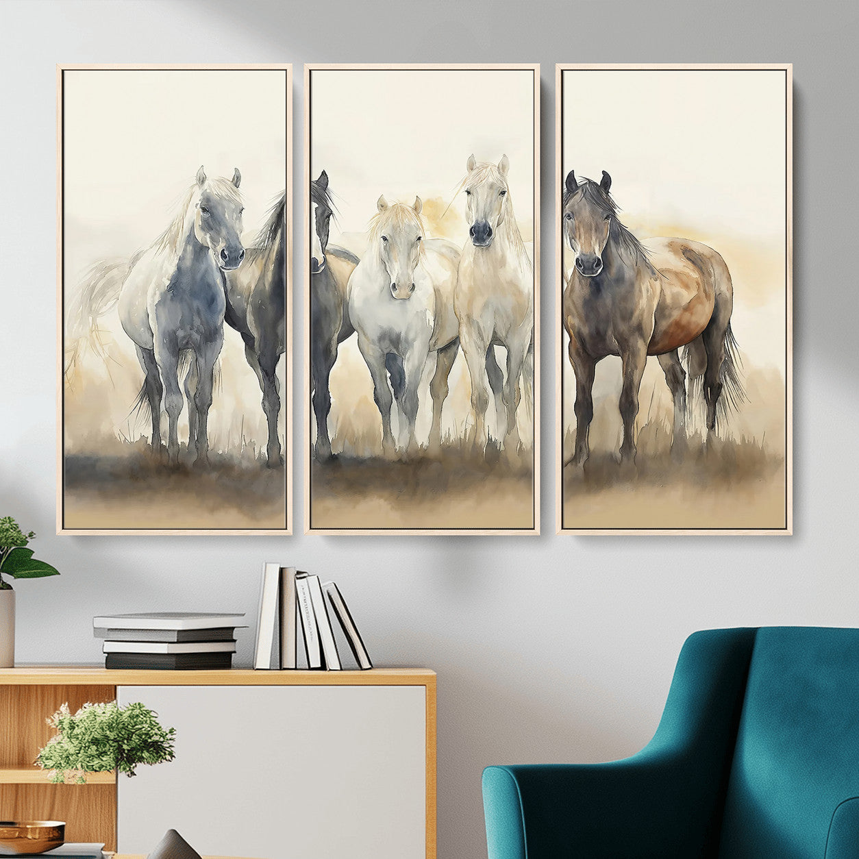 MGV-FC-48X32-3P - Wild Horses Wall Art Canvas Print, Framed Running Horses Art Picture Print, Watercolor Horses Perfect Rustic Western Decor Artwork