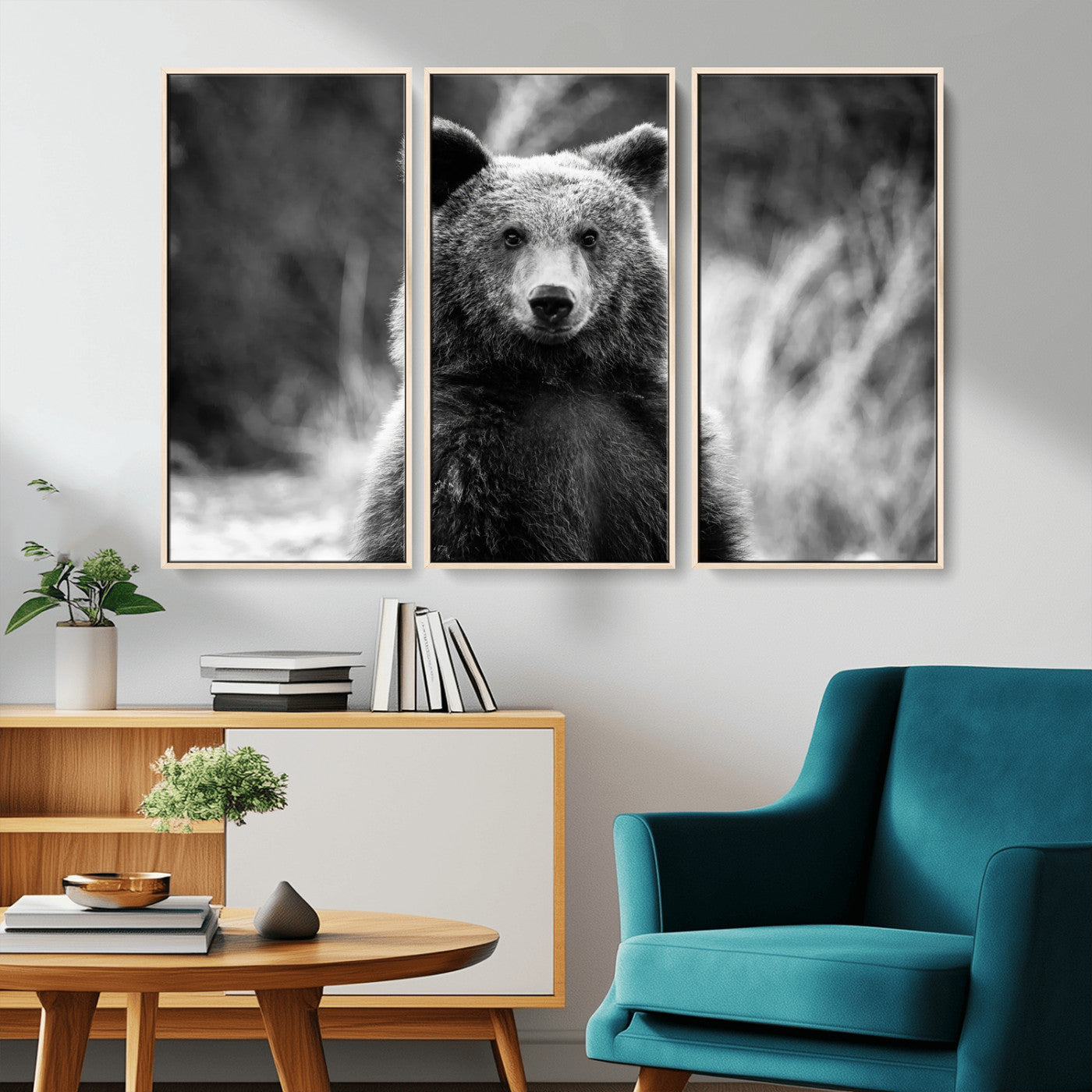 Black and white portrait of a grizzly bear with sharp detail and intense gaze, ideal for neutral-toned wildlife or rustic nature decor.
