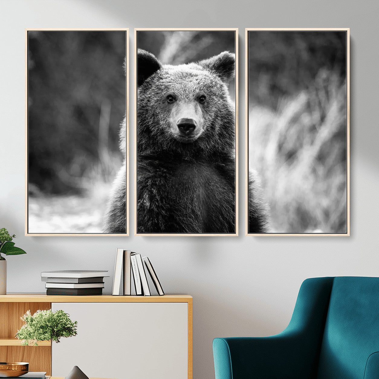 55656803-MGV-CV-36X24-Grizzly Bear Wall Art Canvas Print – Framed Black White Wildlife Rustic Nature Artwork for Home, Office Decor