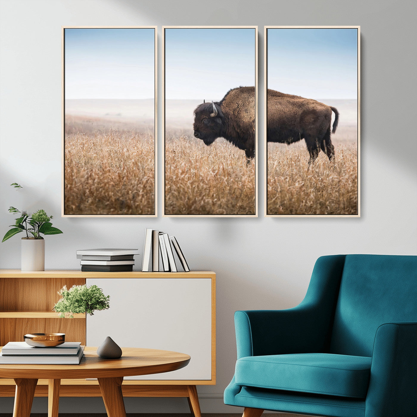 A solitary American bison stands in a dry grassland under soft skies, ideal for rustic or western-style home decor in warm neutral tones.
