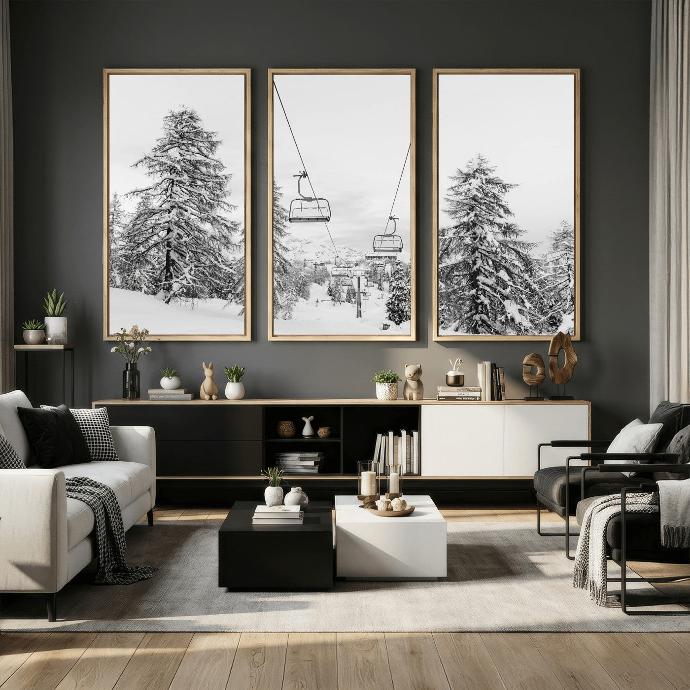 55003599-MGV-CV-36X24 - Wall Art Canvas Print Winter Chairlift Views Silent Snow-Covered Pines Mountain Calm Serenity Frozen