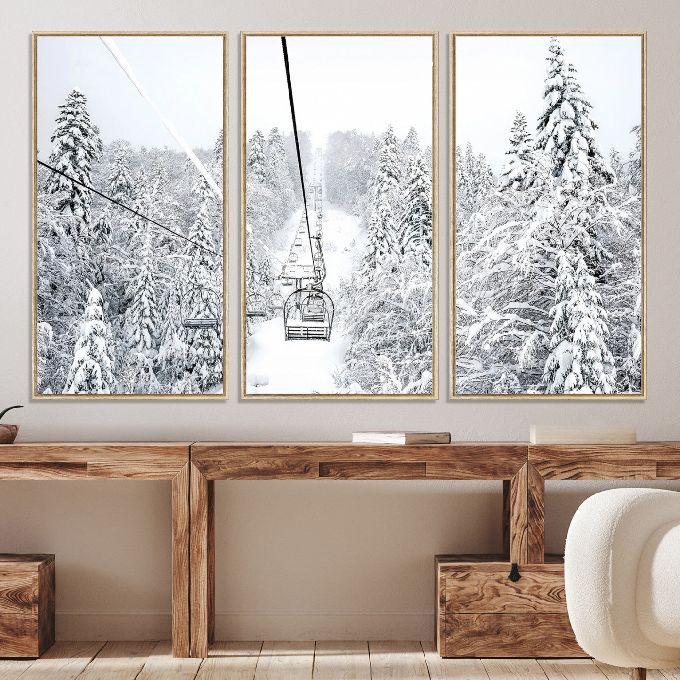 60296839-MGV-CV-36X24-Snowy Mountains Wall Art Canvas Print, Framed Ski Lift Art Picture Print, Winter Forest Perfect Winter Minimalist Decor, Ski Lift Canvas