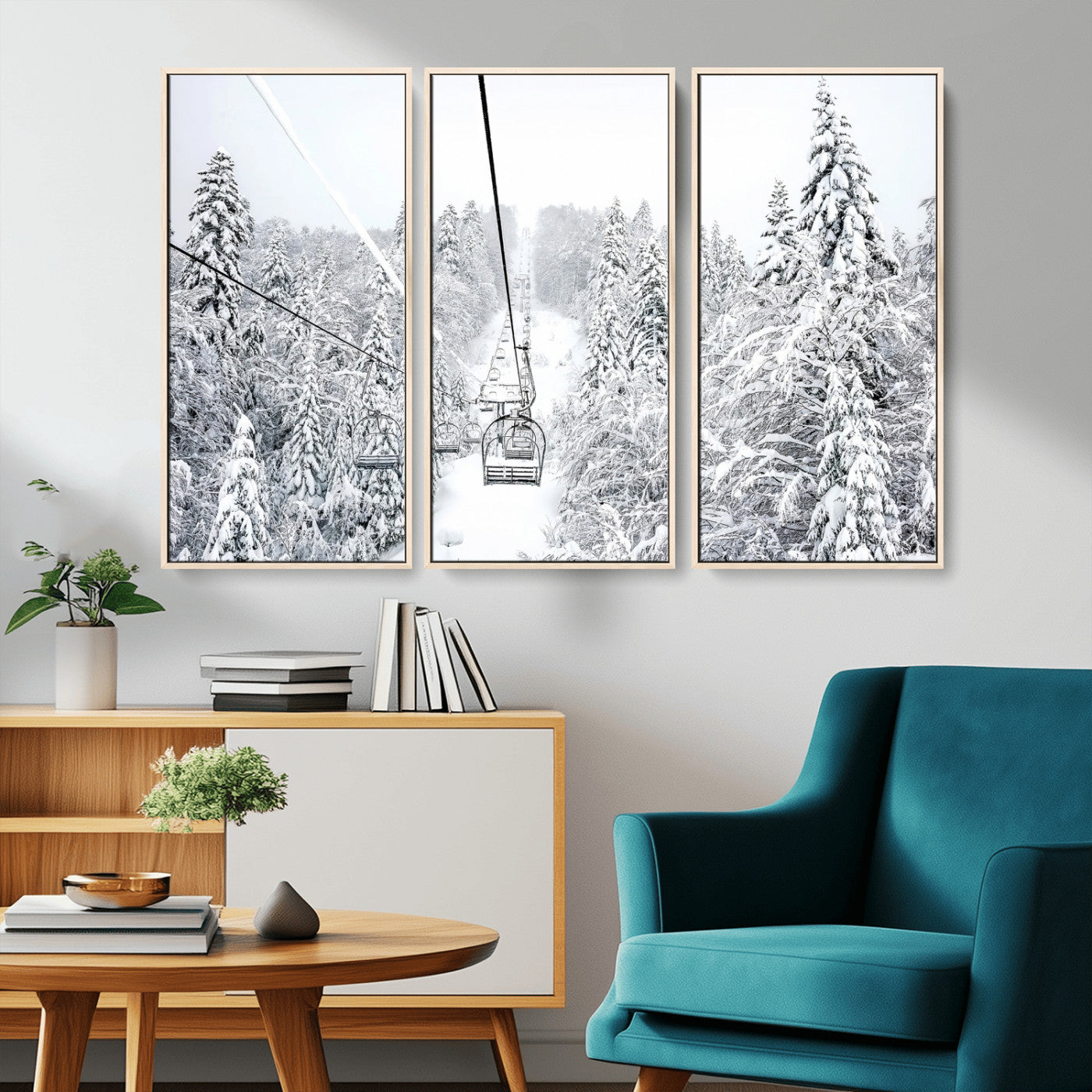 MGV-FC-48X32-3P - Snowy Mountains Wall Art Canvas Print, Framed Ski Lift Art Picture Print, Winter Forest Perfect