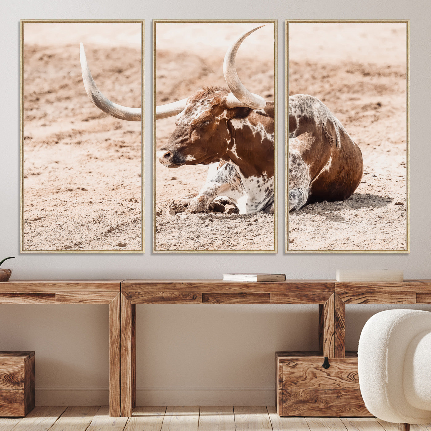 91248682-MGV-CV-36X24-Texas Longhorn Wall Art Canvas Print, Framed Resting Bull Art Picture Print, Spotted Cattle Perfect Rustic Western Decor, Spotted Cattle