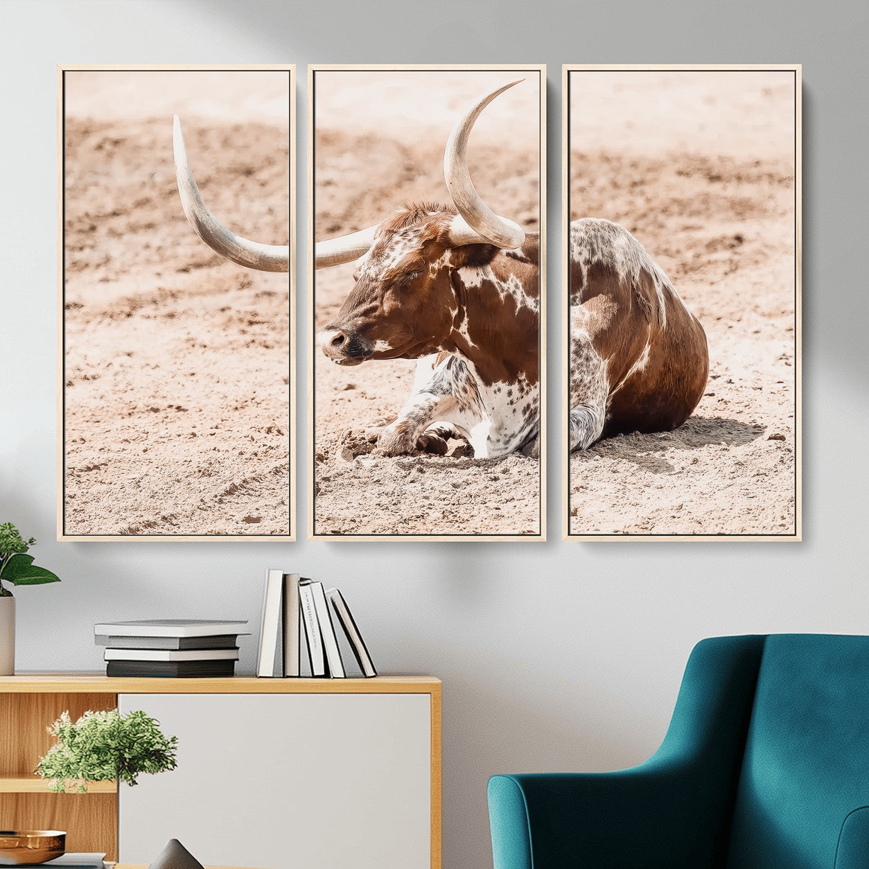 91248682-MGV-CV-36X24-Texas Longhorn Wall Art Canvas Print – Framed Resting Bull Scene with Spotted Cattle Artwork for Home, Office