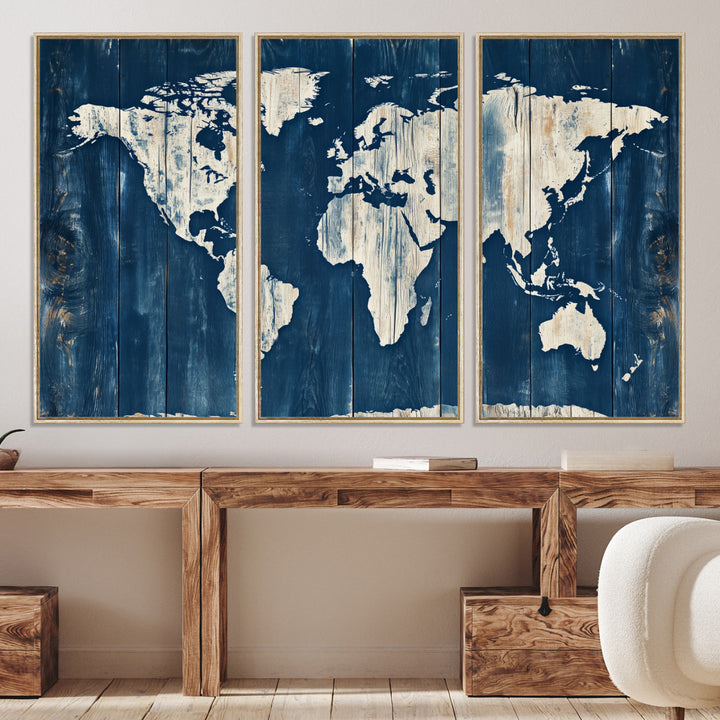 World Map Wall Art Canvas Print, Rustic Map Print, Framed Wooden World Map Art Print, Large Antique Map Decor Printing Perfect for Vintage Decor