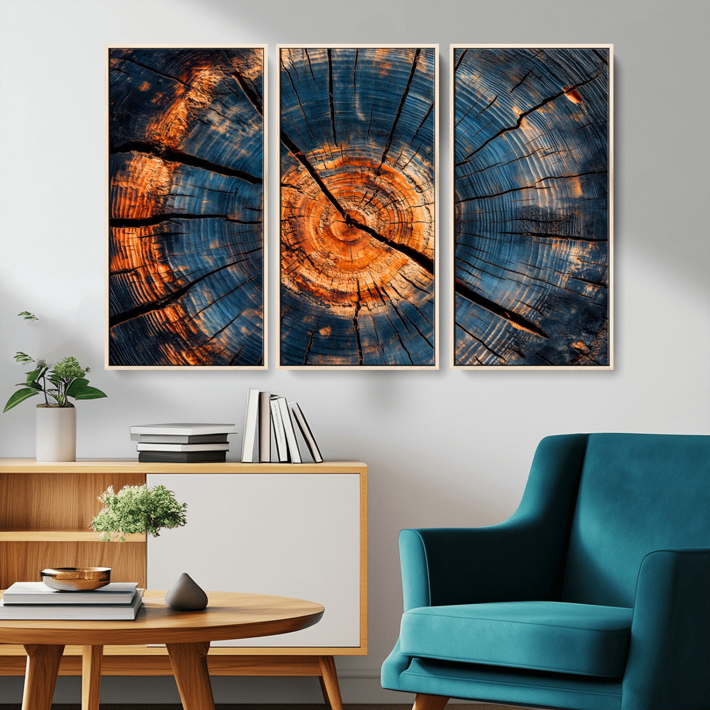MGV-FC-48X32-3P - Burnt Wood Wall Art Canvas Print, Framed Aged Timber Art Picture Print, Rustic Tree Slice Perfect Rustic Decor Artwork