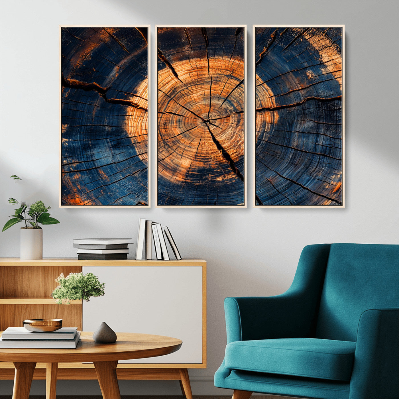 MGV-FC-48X32-3P - Burnt Wood Wall Art Canvas Print, Framed Aged Timber Art Picture Print, Rustic Tree Slice Perfect Rustic Decor Artwork