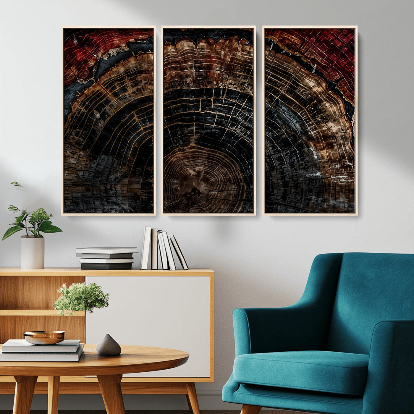 MGV-FC-48X32-3P - Dark Wood Ring Wall Art Canvas Print, Framed Abstract Wood Tree Art Picture Print, Rustic Tree Slice Perfect Rustic Decor Artwork