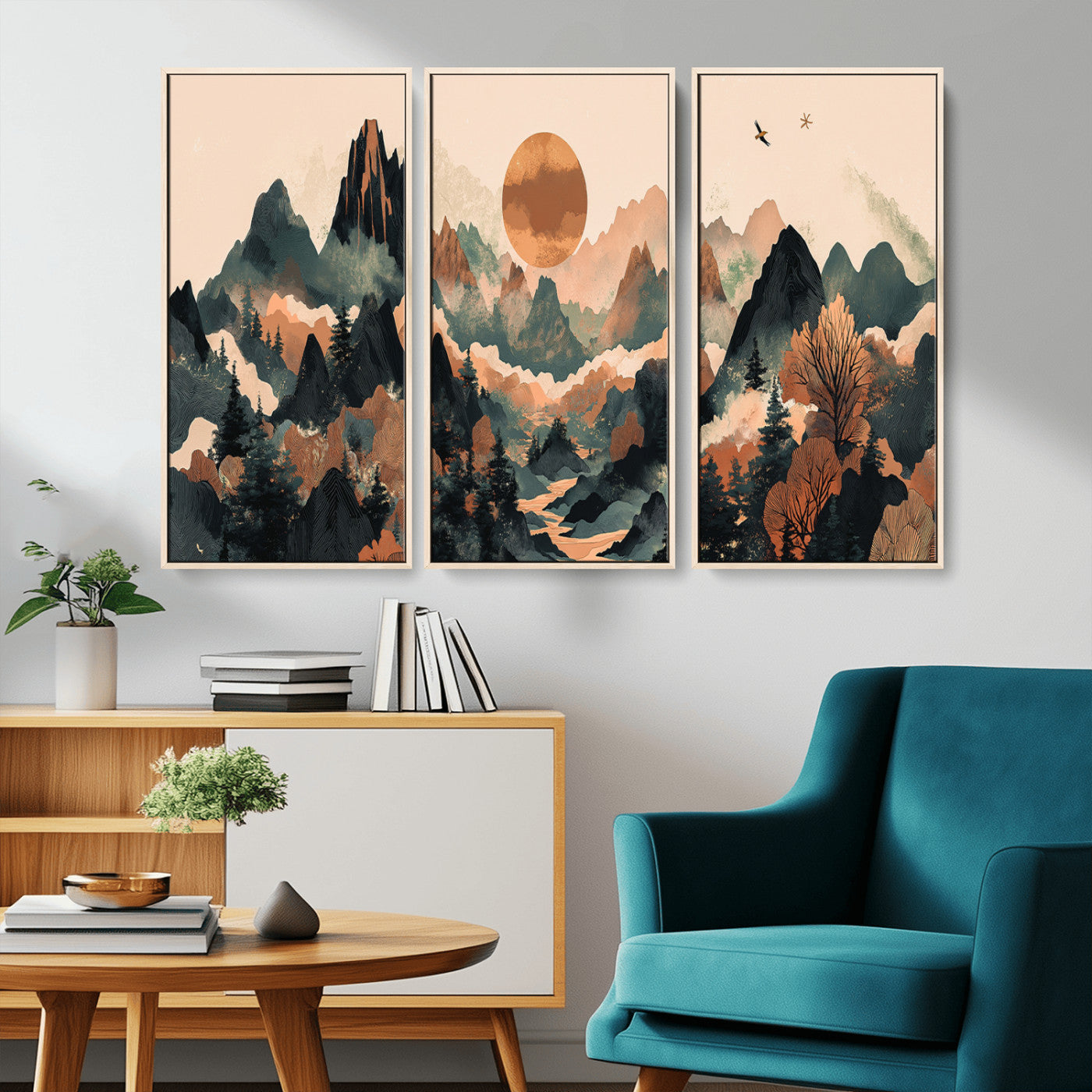 MGV-FC-48X32-3P - Wood Mountain Landscape Wall Art Canvas Print, Framed Sunset Hills Art Picture Print, Abstract Nature Perfect Boho Decor Artwork