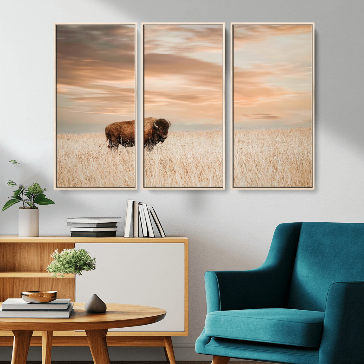 MGV-FC-48X32-3P - Bison Wall Art Canvas Print, Framed Buffalo Art Picture Print, Western Prairie Perfect Rustic Decor Artwork