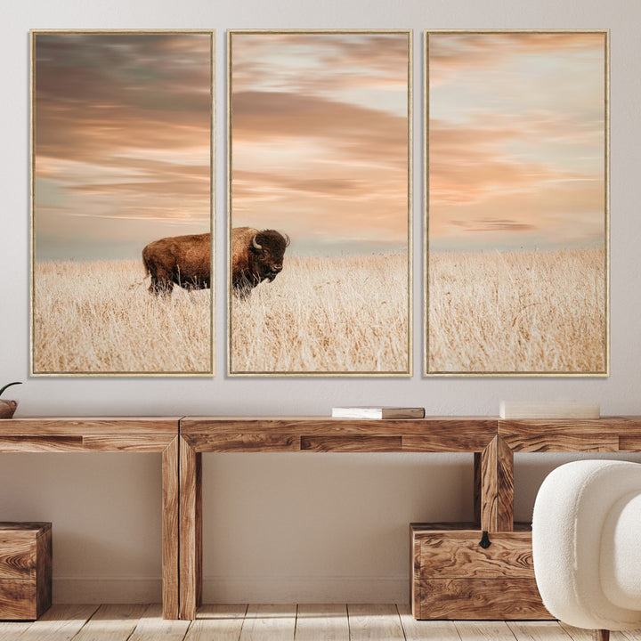 Bison Wall Art Canvas Print, Buffalo Print, Framed Western Prairie Art Print, Large Rustic Wildlife Printing Perfect for Rustic Decor