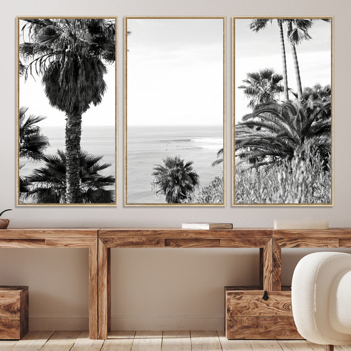 89458520-MGV-CV-36X24-Palm Trees Wall Art Canvas Print, Framed Coastal Art Picture Print, Ocean Horizon Perfect Monochrome Coast Decor