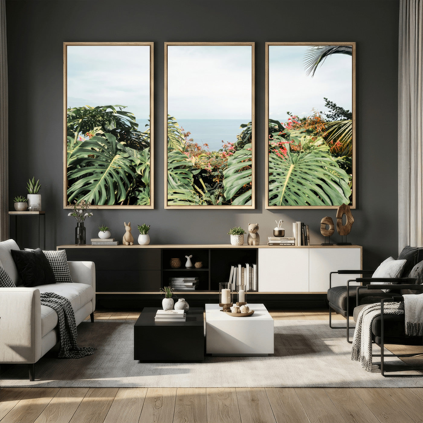 45700479-MGV-CV-36X24 - Tropical Greenery Wall Art – Exotic Leaves & Ocean View Canvas Print, Sunlit Paradise and Vibrant Nature for Living Room or Coastal Decor