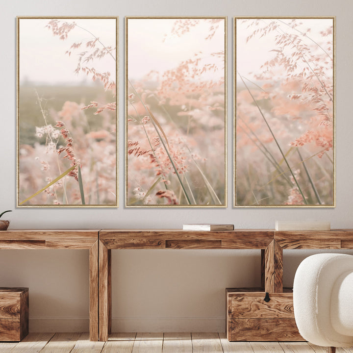 Pastel Grasses Wall Art Canvas Print, Soft Meadow Print, Framed Field in Breeze Art Print, Large Pink Meadow Printing Soft Pastel