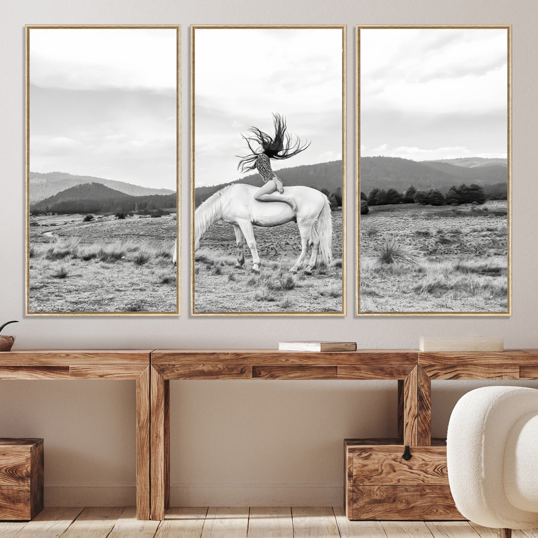 White Horse Wall Art Canvas Print, Woman Rider Print, Framed Equestrian Pose Art Print, Large Grazing Horse Printing Western Boho