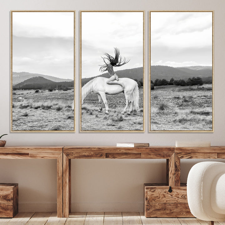 White Horse Wall Art Canvas Print, Woman Rider Print, Framed Equestrian Pose Art Print, Large Grazing Horse Printing Western Boho