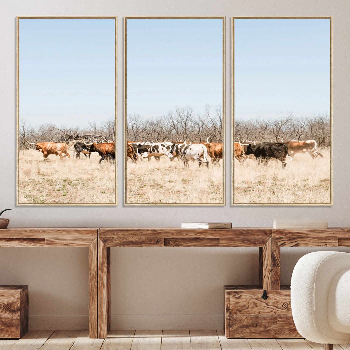16563092-MGV-CV-36X24-Texas Longhorns Wall Art Canvas Print, Western Cattles Print Wall Art, Framed Rustic Herd Art Print, Large Country Cows Printing Rustic