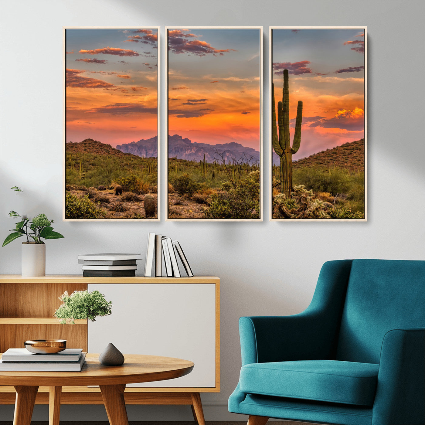MGV-FC-48X32-3P - Saguaro Cactus Wall Art Canvas Print, Framed Arizona Sunset Art Picture Print, Sonoran Desert Perfect Southwestern Boho Decor Artwork