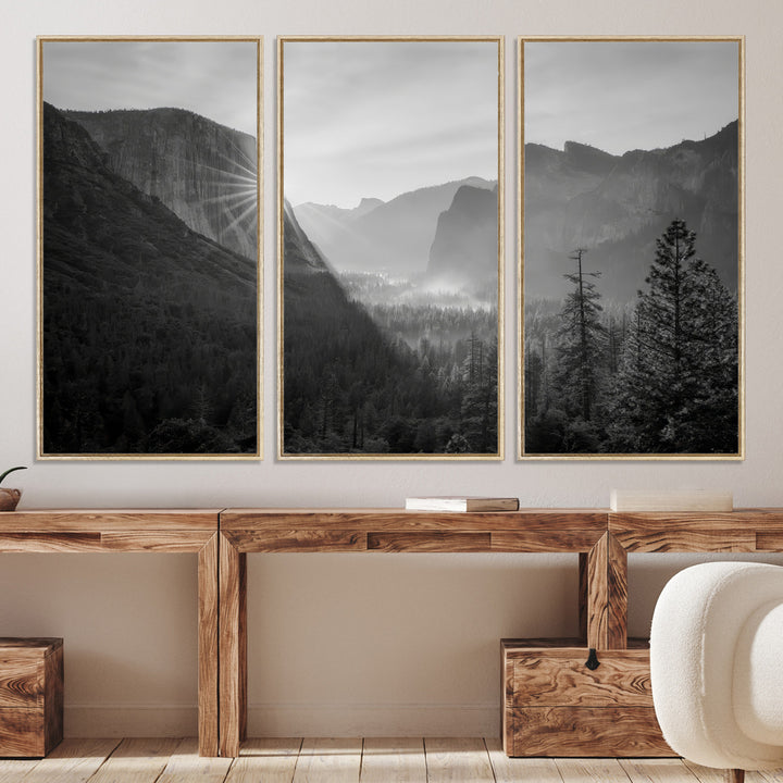 Yosemite Valley Wall Art Canvas Print, El Capitan Sunrise Print, Framed Misty Mountain Art Print, Large Monochrome Valley Printing