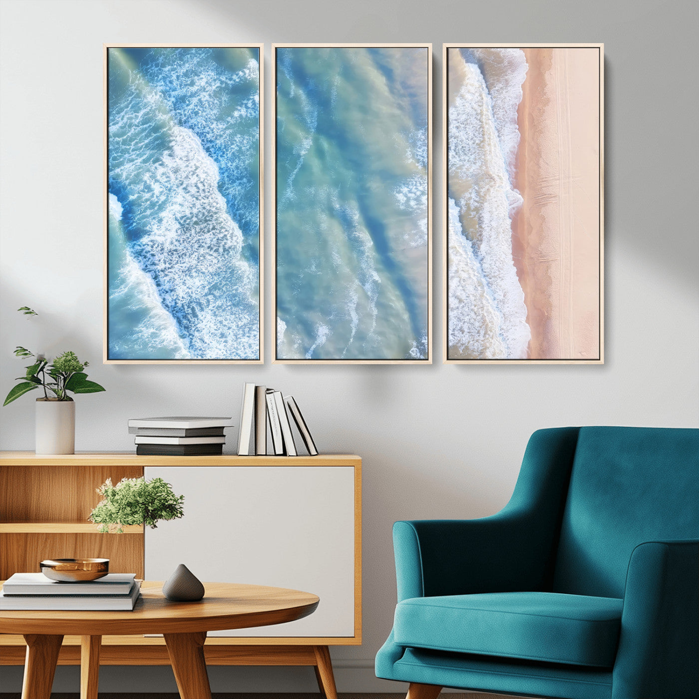 MGV-FC-48X32-3P - Aerial Ocean View Wall Art Canvas Print, Framed Soft Blue Waves Art Picture Print, Sandy Shoreline Perfect Modern Coastal Decor Artwork
