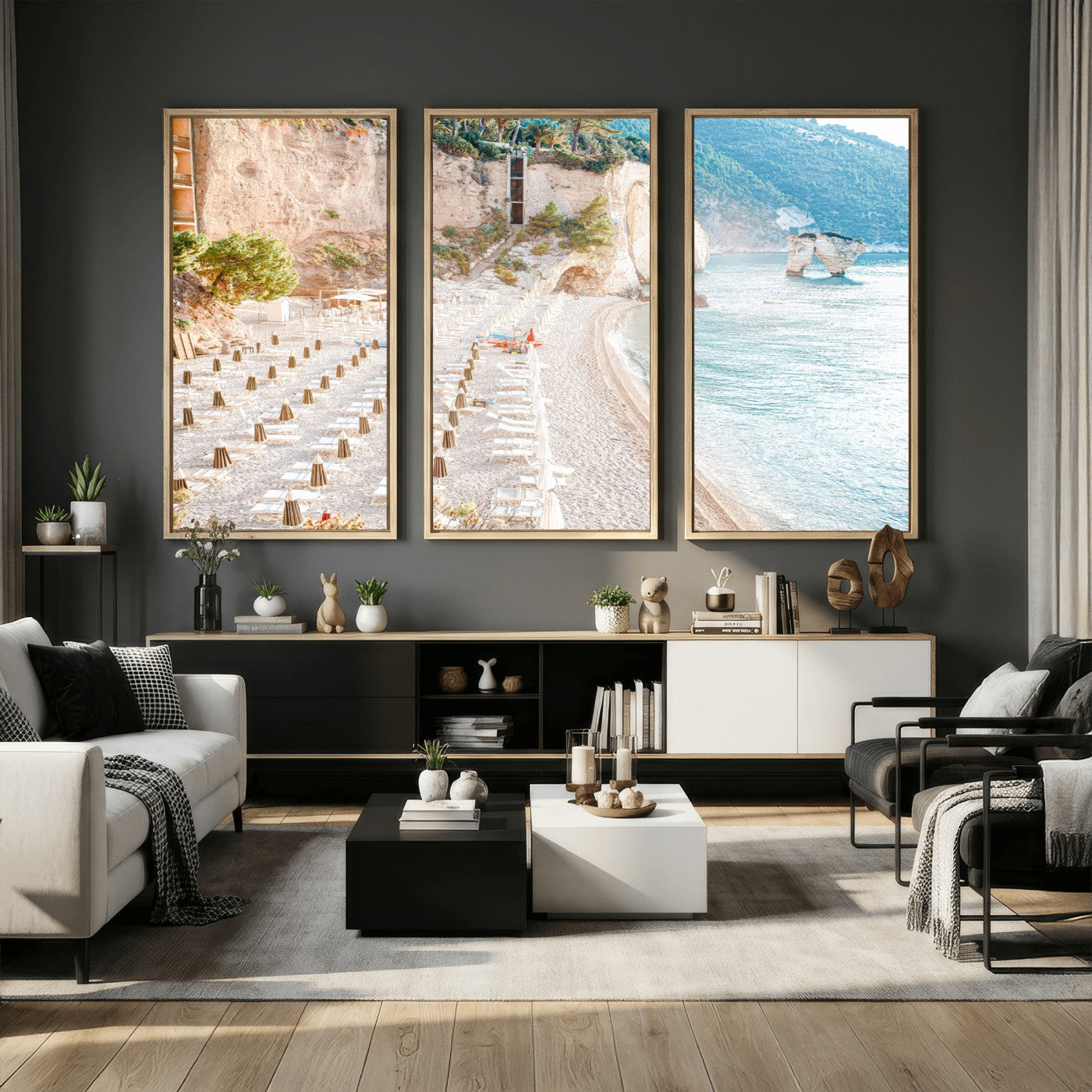 84816639-MGV-CV-36X24 - Sunny Beach Wall Art – Chairs & Umbrellas Canvas Print, Clear Water, Rocky Cliffs, Coastal Calm for Living Room or Vacation Home Decor