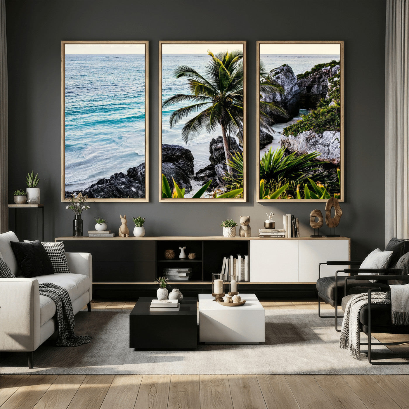 94669907-MGV-CV-36X24 - Tropical Palm Wall Art – Coastal Rocks Canvas Print, Ocean Breeze, Sandy Shore, Vibrant Green Foliage for Living Room or Beach House Decor