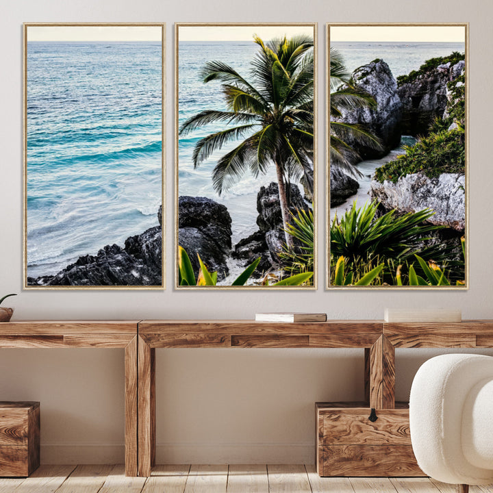 Framed canvas of a vibrant tropical coastline with palm trees, rocky cliffs, and turquoise waters, ideal for tropical coastal home decor.